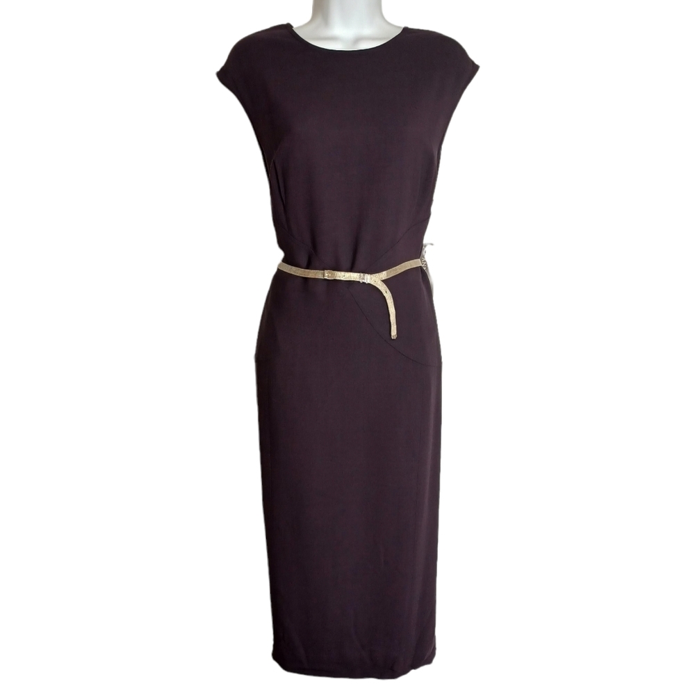 ANNE KLEIN Wool Mulberry Silver Screen Mesh Chain Belt Sleeveless Midi Dress 14
